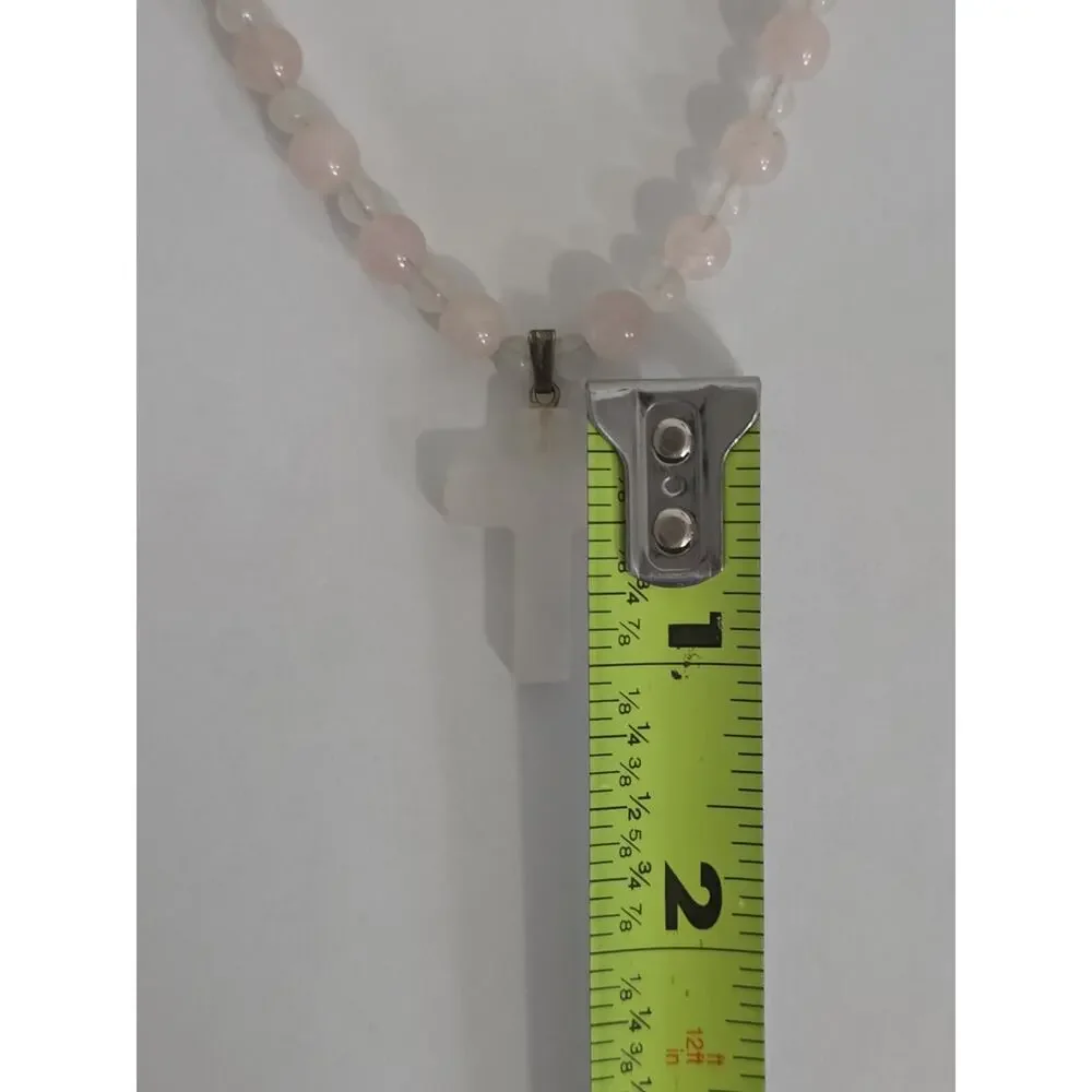 Rose Quartz Beaded Cross Pendant Necklace Silver Tone Toggle Clasp 22